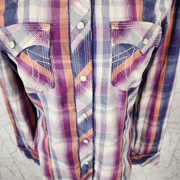 True Religion Pink Plaid Cotton Pearl Snap Western Blouse - Picture 2 of 7